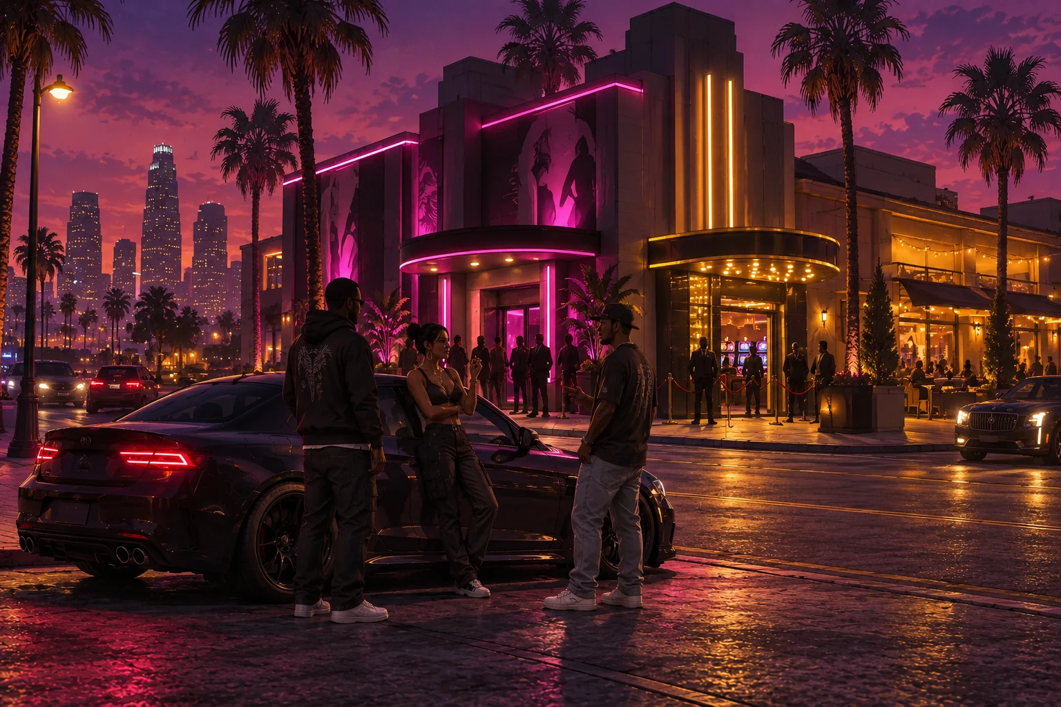 Konzeptbild: Nachtclub, Casino und Restaurant an einer belebten Straße in Los Santos.